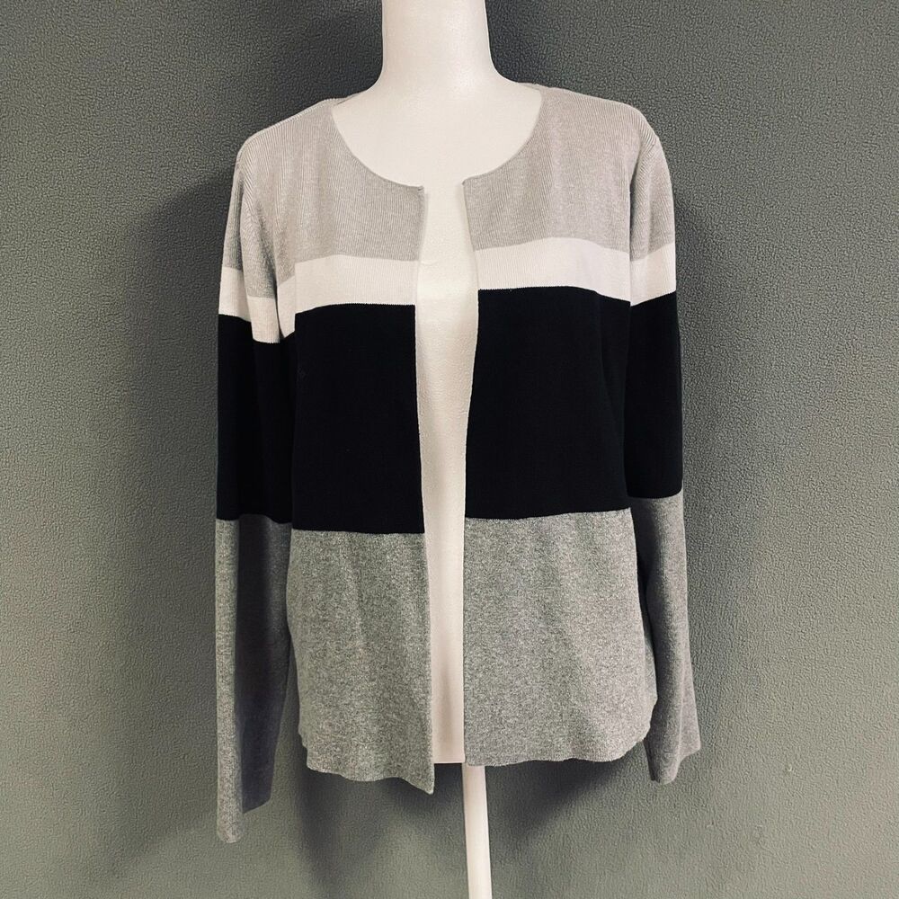 Liz Claiborne Large Cotton Color Block Open Front Cardigan Gray Black White